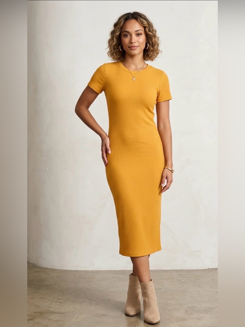 Velvet Torch Mustard Yellow Ribbed Midi Dress - Size S - EUC